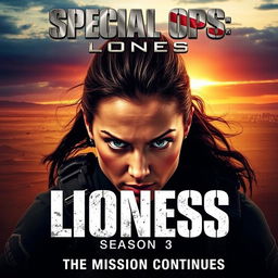 A dynamic and intense movie poster for "Special Ops: Lioness Season 3" showcasing a fierce female operative front and center