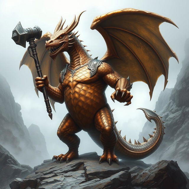 A huge and girthy bronze dragonborn warrior, standing proudly with his war hammer in hand