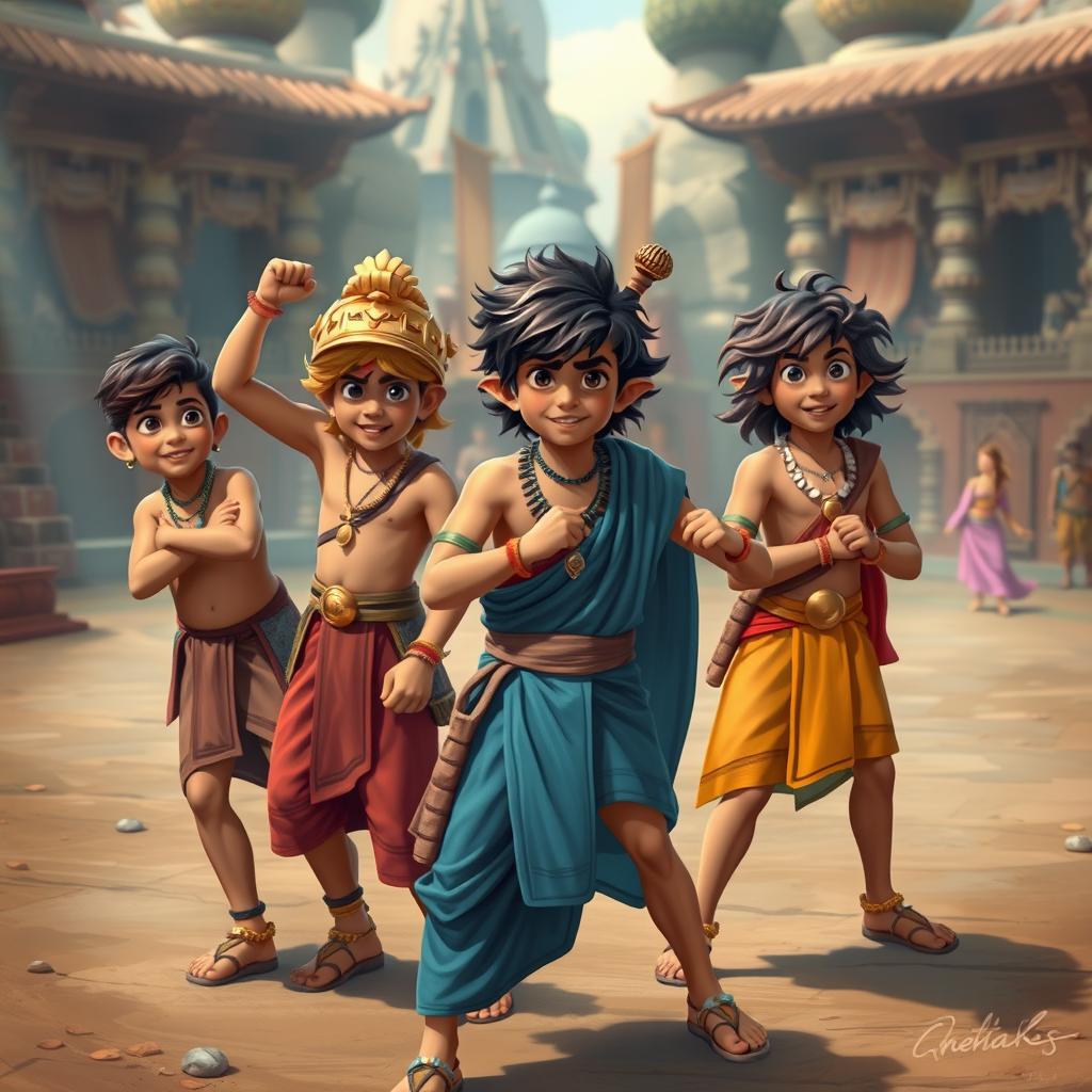 An engaging and lively depiction of the teenage Pandavas, capturing their youthful vigor and distinct personalities