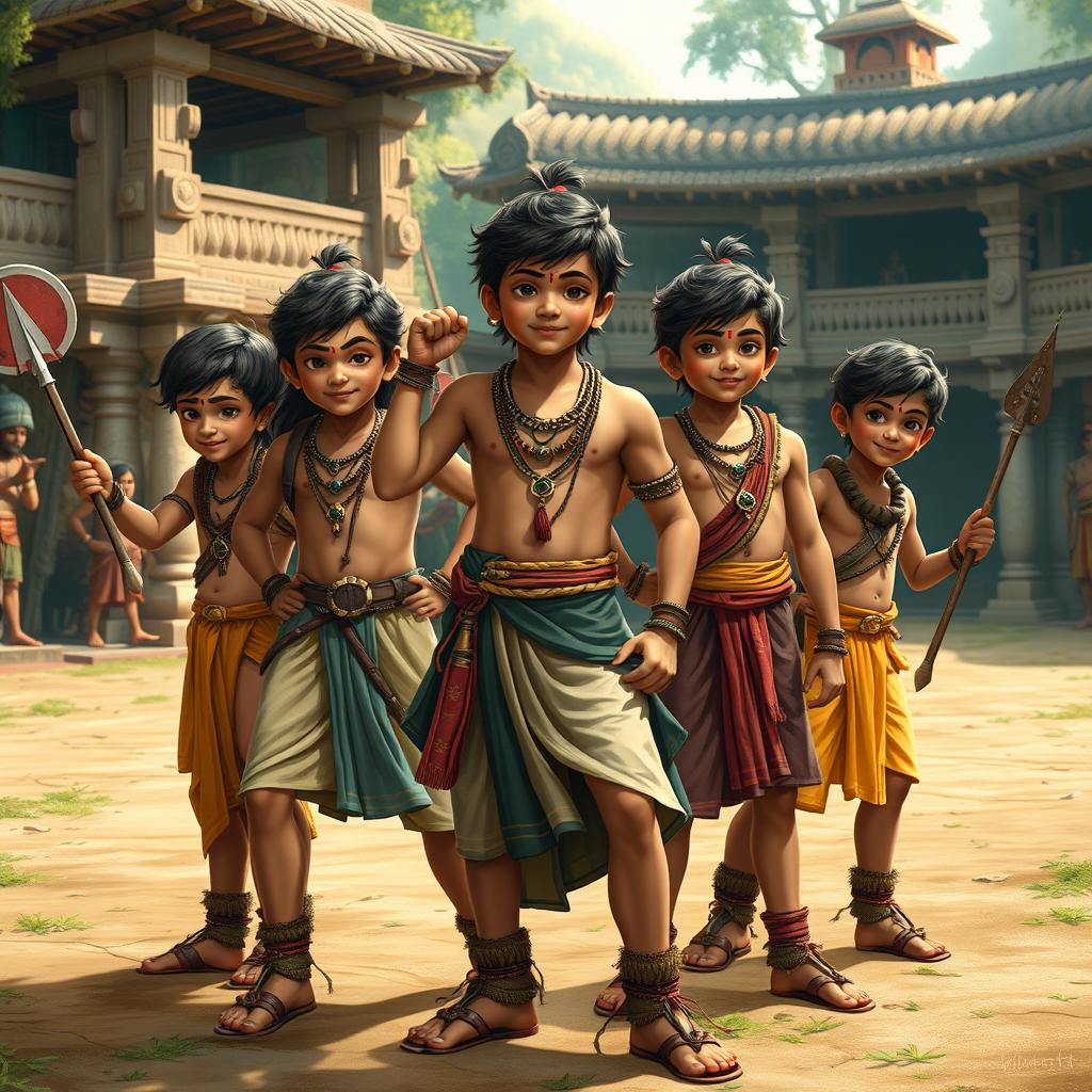 An engaging and lively depiction of the teenage Pandavas, capturing their youthful vigor and distinct personalities