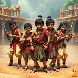 An engaging and lively depiction of the teenage Pandavas, capturing their youthful vigor and distinct personalities