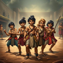 An engaging and lively depiction of the teenage Pandavas, capturing their youthful vigor and distinct personalities