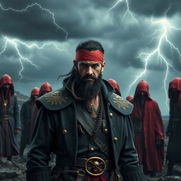 An evil pirate with short black hair and a short, pointy beard standing menacingly at the forefront