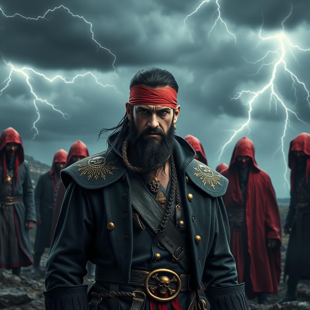 An evil pirate with short black hair and a short, pointy beard standing menacingly at the forefront