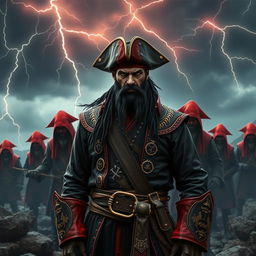 An evil pirate with short black hair and a short, pointy beard standing menacingly at the forefront