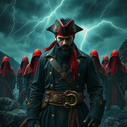 An evil pirate with short black hair and a short, pointy beard standing menacingly at the forefront