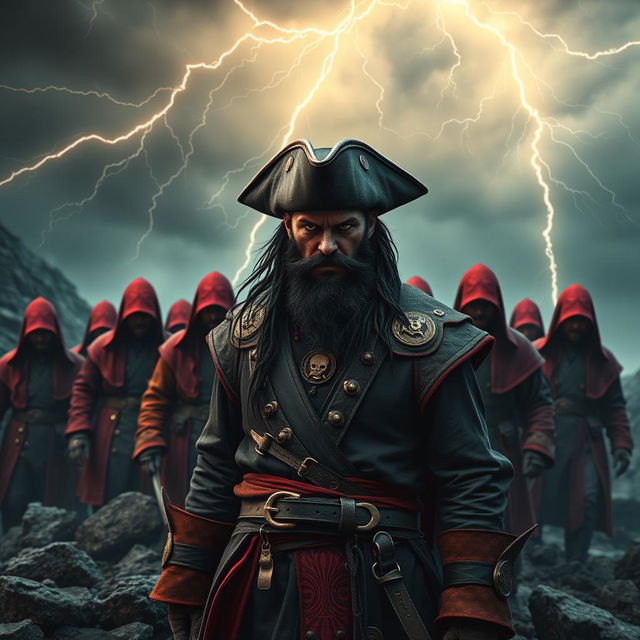 An evil pirate with short black hair and a short, pointy beard standing menacingly at the forefront