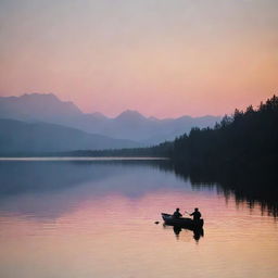 A serene lake at sunset, with soft golden and pink hues reflected on the calm water surface. Distant mountains delicately silhouette against the twilight sky, and a lone canoe drifts lazily around. Wildlife, like ducks or a leaping fish, add life to the scene.