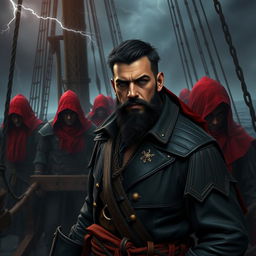 Dark fantasy style male pirate with short black hair and a short, pointy beard