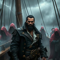 Dark fantasy style male pirate with short black hair and a short, pointy beard