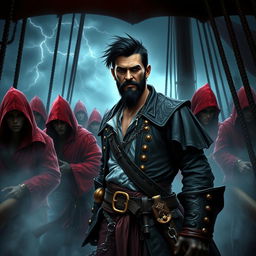 Dark fantasy style male pirate with short black hair and a short, pointy beard