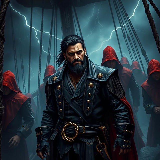 Dark fantasy style male pirate with short black hair and a short, pointy beard