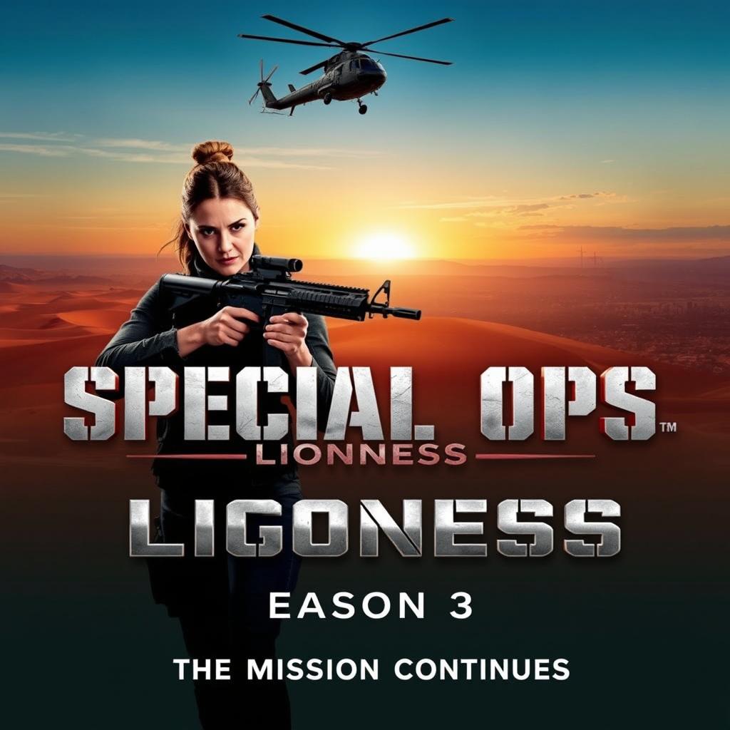 A cinematic and realistic movie poster for "Special Ops: Lioness Season 3" featuring a fierce female operative holding a rifle