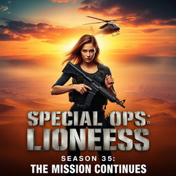 A cinematic and realistic movie poster for "Special Ops: Lioness Season 3" featuring a fierce female operative holding a rifle