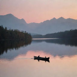 A serene lake at sunset, with soft golden and pink hues reflected on the calm water surface. Distant mountains delicately silhouette against the twilight sky, and a lone canoe drifts lazily around. Wildlife, like ducks or a leaping fish, add life to the scene.