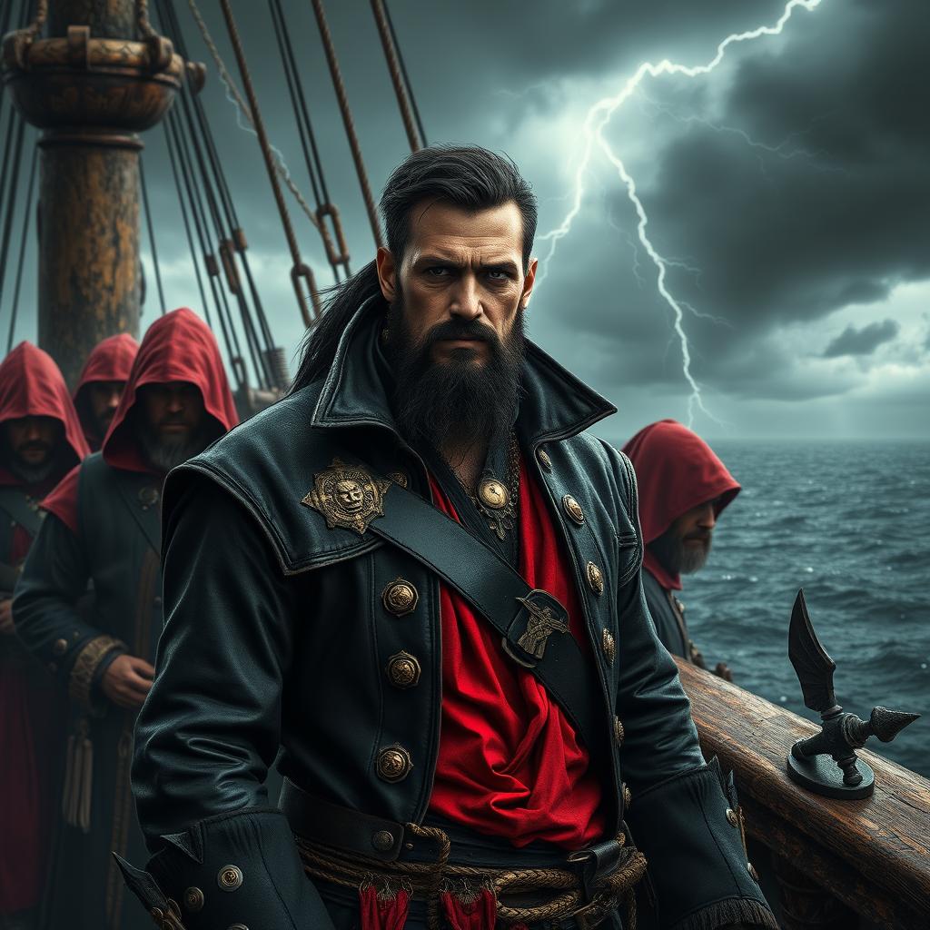 Dark fantasy style evil male pirate with short black hair and a short, pointy beard, standing dominantly at the front