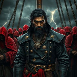 Dark fantasy style evil male pirate with short black hair and a short, pointy beard, standing dominantly at the front