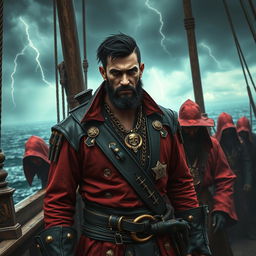 Dark fantasy style evil male pirate with short black hair and a short, pointy beard, standing dominantly at the front