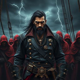 Dark fantasy style evil male pirate with short black hair and a short, pointy beard, standing dominantly at the front