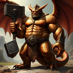 A huge and muscular bronze dragonborn warrior from Dungeons and Dragons 5e, showcasing his impressive girth and massive build