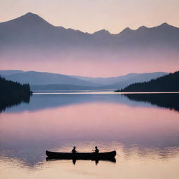 A serene lake at sunset, with soft golden and pink hues reflected on the calm water surface. Distant mountains delicately silhouette against the twilight sky, and a lone canoe drifts lazily around. Wildlife, like ducks or a leaping fish, add life to the scene.