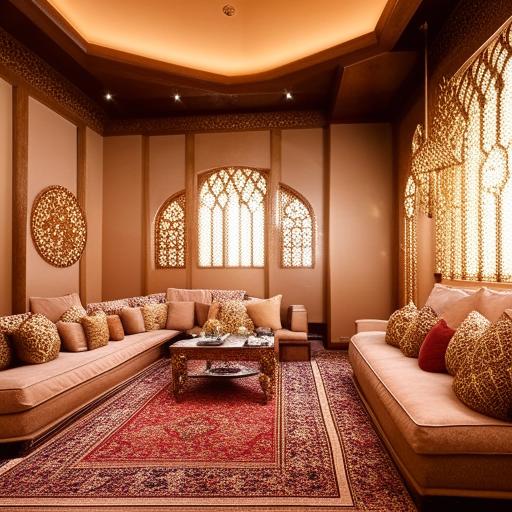 A sophisticated 6m x 5m salon incorporated with the lavish touch of an Arabian Majlis featuring luxurious decor and traditional Middle Eastern aesthetics.