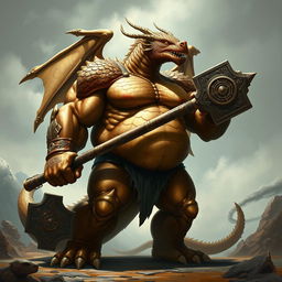 A huge and muscular bronze dragonborn warrior from Dungeons and Dragons 5e, showcasing his impressive girth and massive build