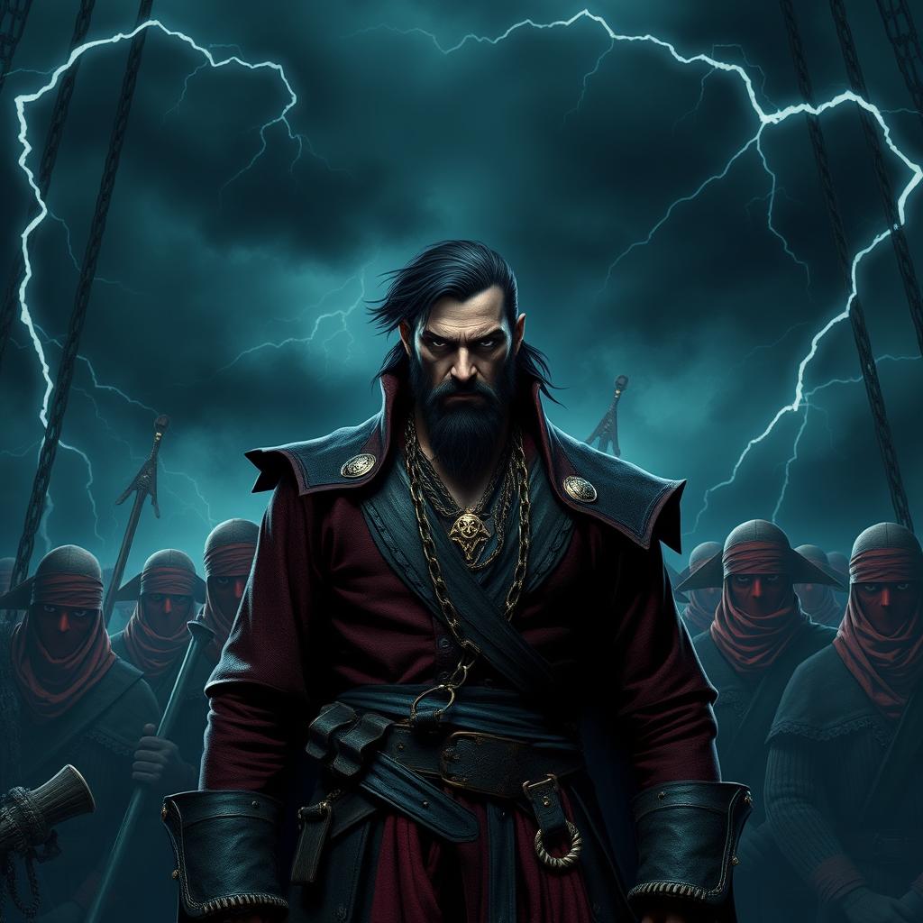 Dark fantasy style evil male pirate with short black hair and a short, pointy beard, standing authoritatively in front of his menacing crew