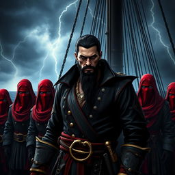 Dark fantasy style evil male pirate with short black hair and a short, pointy beard, standing authoritatively in front of his menacing crew