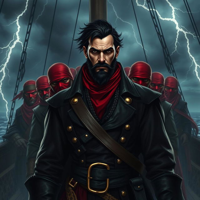 Dark fantasy style evil male pirate with short black hair and a short, pointy beard, standing authoritatively in front of his menacing crew