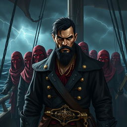 Dark fantasy style evil male pirate with short black hair and a short, pointy beard, standing authoritatively in front of his menacing crew