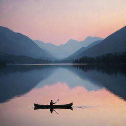 A serene lake at sunset, with soft golden and pink hues reflected on the calm water surface. Distant mountains delicately silhouette against the twilight sky, and a lone canoe drifts lazily around. Wildlife, like ducks or a leaping fish, add life to the scene.