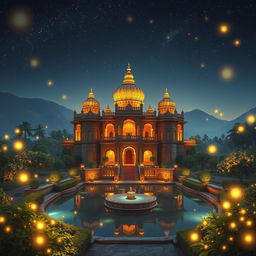 A stunning and enchanting depiction of the Laksagreha castle, set amidst a magically beautiful landscape illuminated by the gentle glow of fireflies