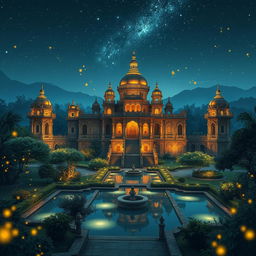 A stunning and enchanting depiction of the Laksagreha castle, set amidst a magically beautiful landscape illuminated by the gentle glow of fireflies