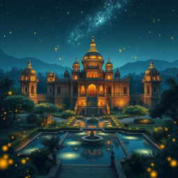 A stunning and enchanting depiction of the Laksagreha castle, set amidst a magically beautiful landscape illuminated by the gentle glow of fireflies