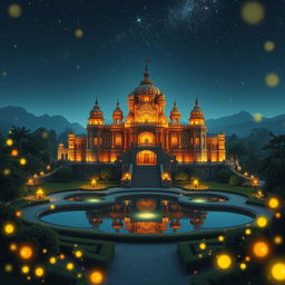 A stunning and enchanting depiction of the Laksagreha castle, set amidst a magically beautiful landscape illuminated by the gentle glow of fireflies