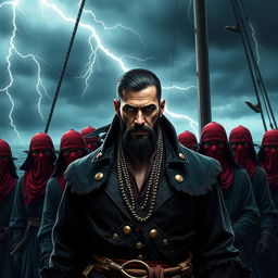 Dark fantasy style evil male pirate with short black hair and a short, pointy beard, standing authoritatively in front of his menacing crew