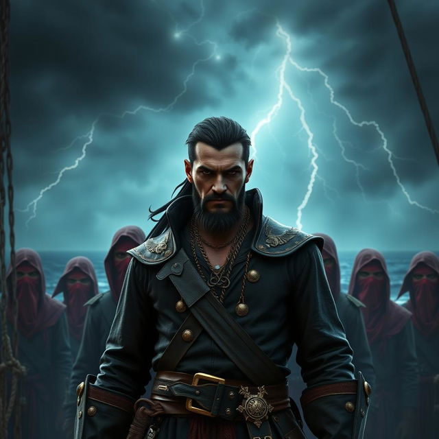 Dark fantasy style evil male pirate with short black hair and a short, pointy beard, standing authoritatively in front of his menacing crew