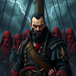 Dark fantasy style evil male pirate with short black hair and a short, pointy beard, standing authoritatively in front of his menacing crew