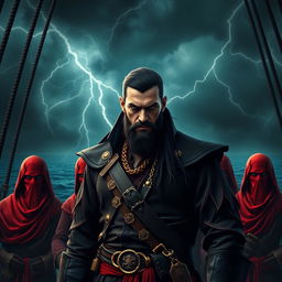 Dark fantasy style evil male pirate with short black hair and a short, pointy beard, standing authoritatively in front of his menacing crew