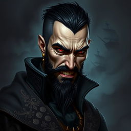 Dark fantasy style portrait of an evil male pirate with short black hair and a short, pointy beard