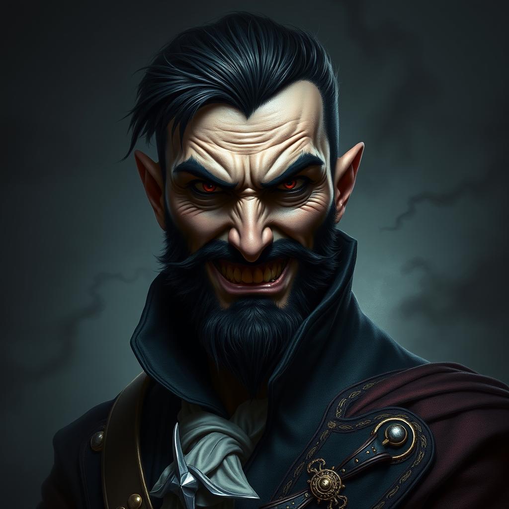 Dark fantasy style portrait of an evil male pirate with short black hair and a short, pointy beard