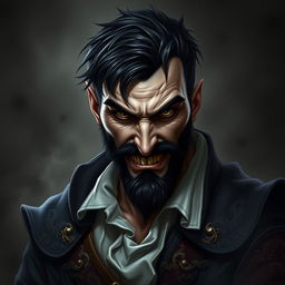 Dark fantasy style portrait of an evil male pirate with short black hair and a short, pointy beard