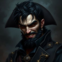 Dark fantasy style portrait of an evil male pirate with short black hair and a short, pointy beard