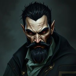 Dark fantasy style portrait of an evil male pirate with short black hair and a short, pointy beard