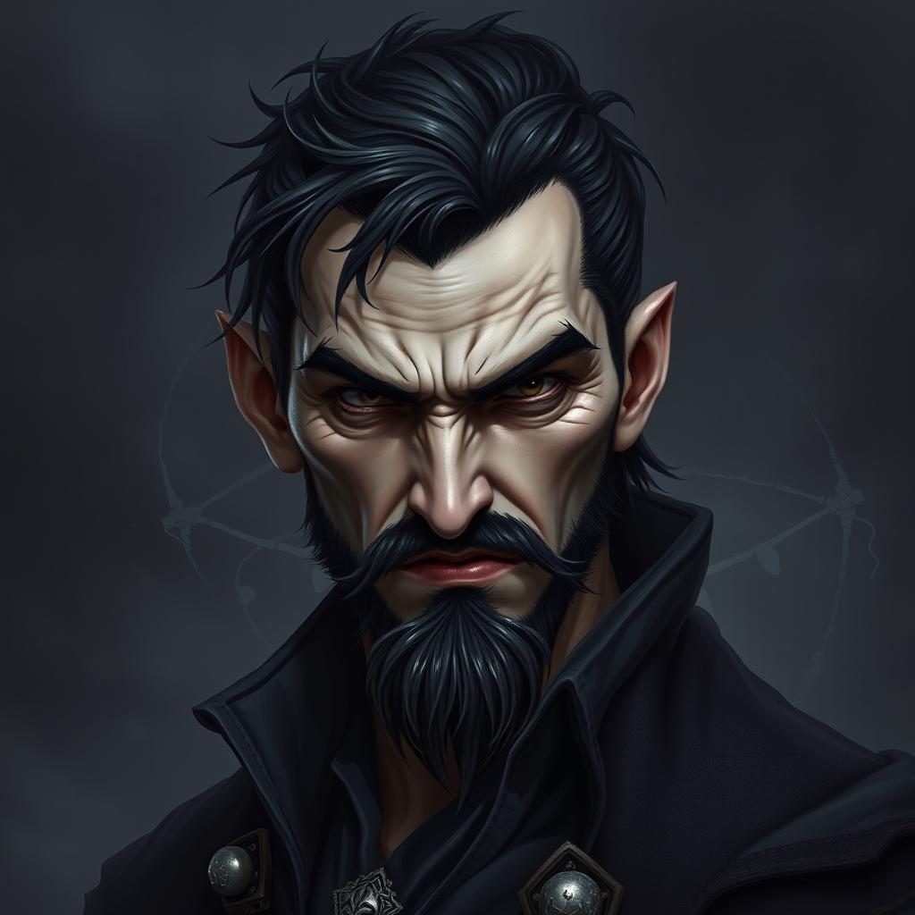 Dark fantasy style portrait of an evil male pirate with short black hair and a short, pointy beard