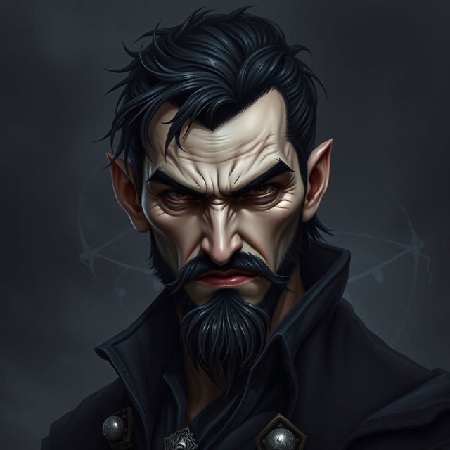 Dark fantasy style portrait of an evil male pirate with short black hair and a short, pointy beard