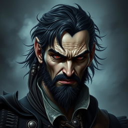 Dark fantasy style portrait of an evil male pirate with short black hair and a short, pointy beard