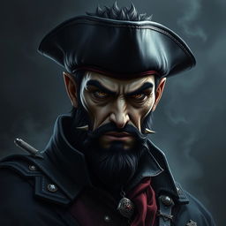 Dark fantasy style portrait of an evil male pirate with short black hair and a short, pointy beard