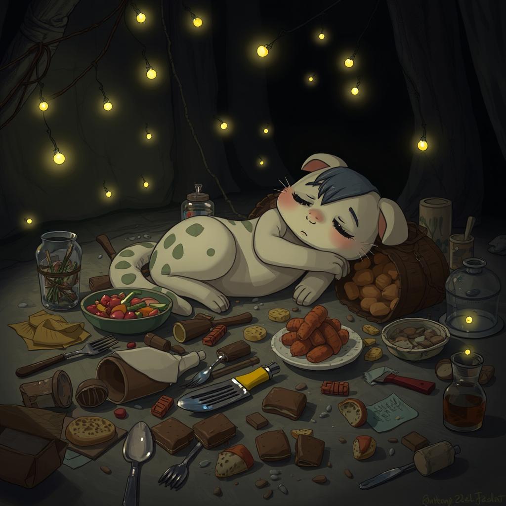 A whimsical and slightly chaotic scene of Purocana, having fallen asleep amidst a messy feast, surrounded by the gentle glow of fireflies